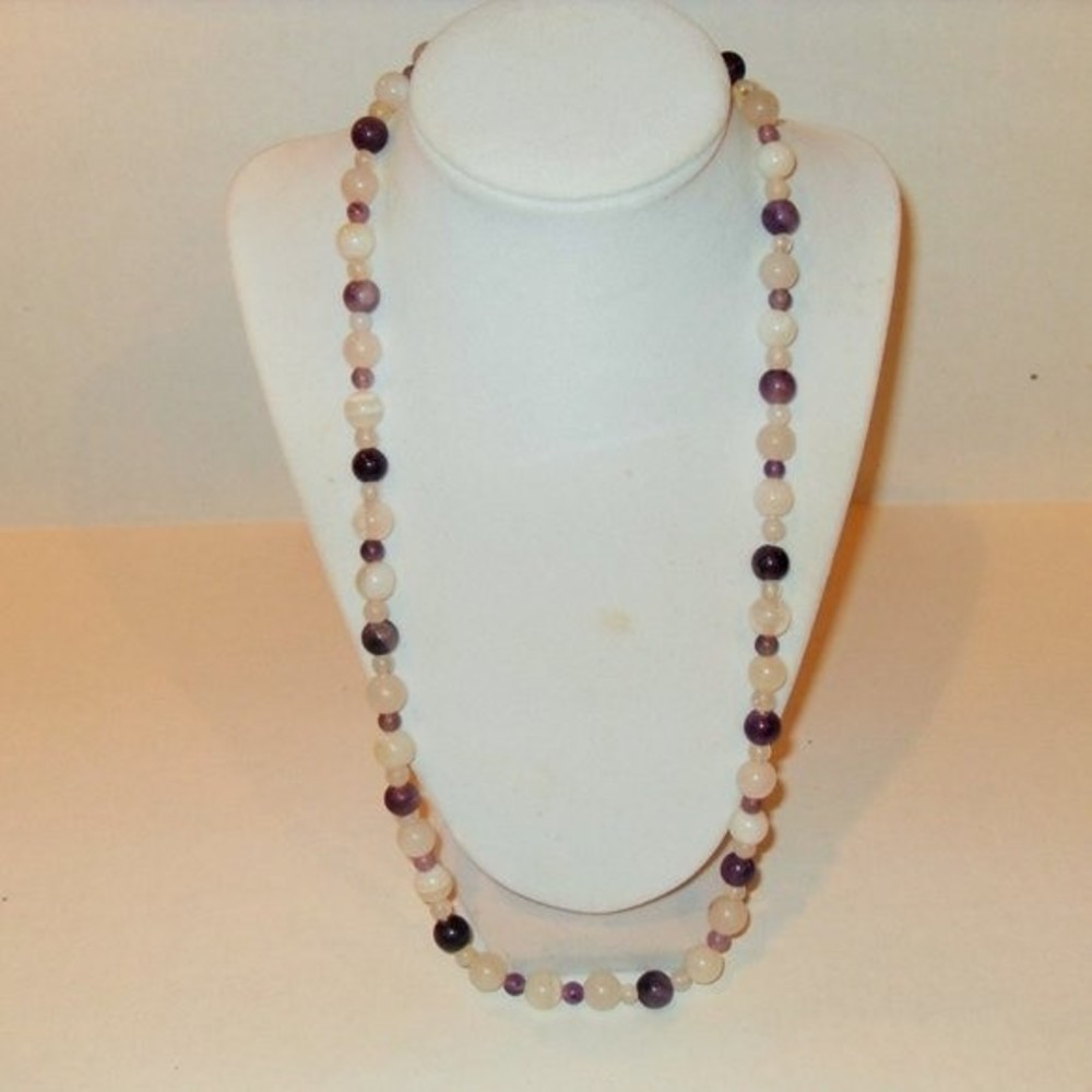 Quartz and Amethyst beaded gemstone necklace, retro purple gemstone jewelry Boho
